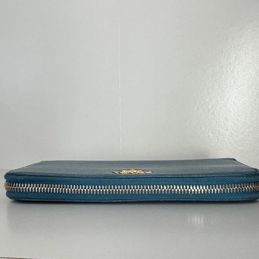 Prada Blue Saffiano Leather Large Organizer Zippy Wallet